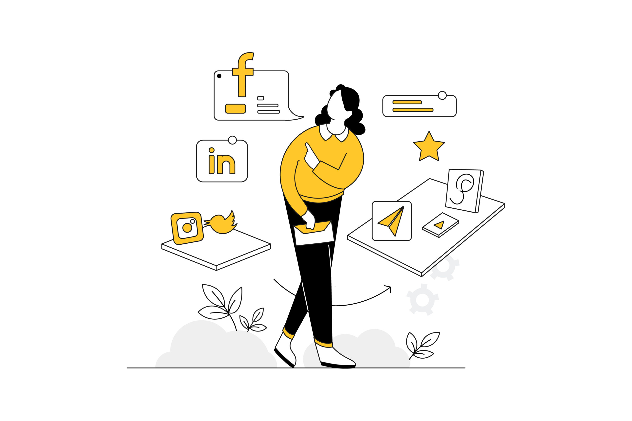 Déléguer ou gérer soi-même ses réseaux sociaux ? Maelynn Graph vous conseille Illustration d’une personne réfléchissant à la gestion de ses réseaux sociaux : délégation ou autonomie ? Une question à se poser avec Maelynn Graph.