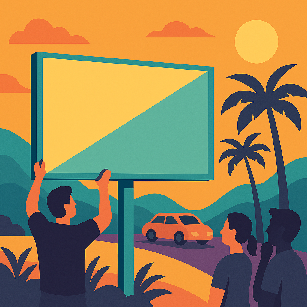 Créer un 4×3 impactant – Maelynn Graph Installation d’un panneau 4×3 au bord d’une route tropicale : réussir son affiche grand format avec Maelynn Graph