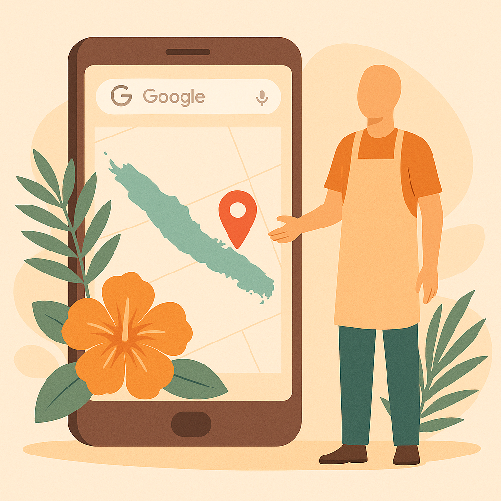 Commerçant calédonien devant smartphone affichant Google My Business avec épingle sur la Nouvelle-Calédonie – optimisation locale par Maelynn Graph