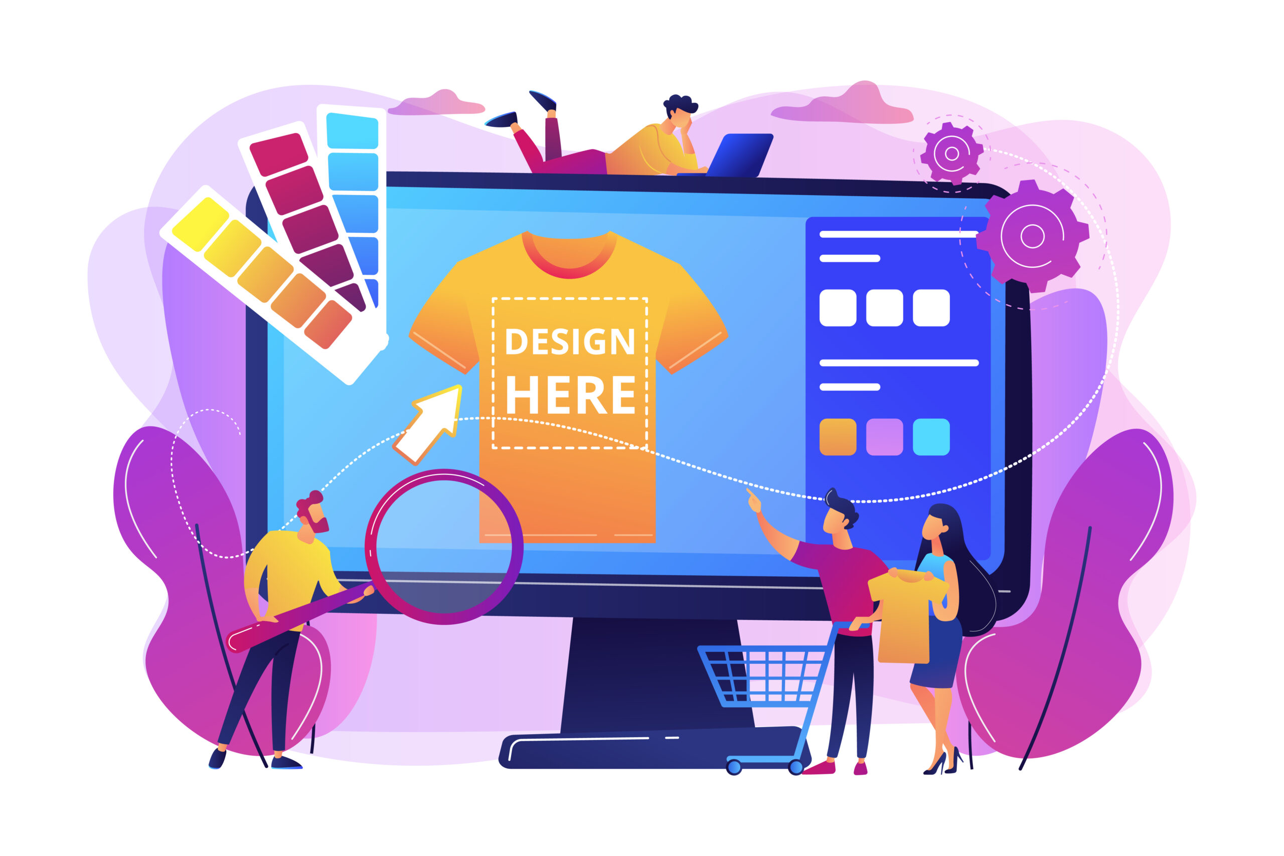 Merch clothing concept vector illustration Illustration storytelling 2025 : livre, mobile et icônes digitales révèlent comment un récit percutant dynamise l’engagement, la fidélité et les conversions.