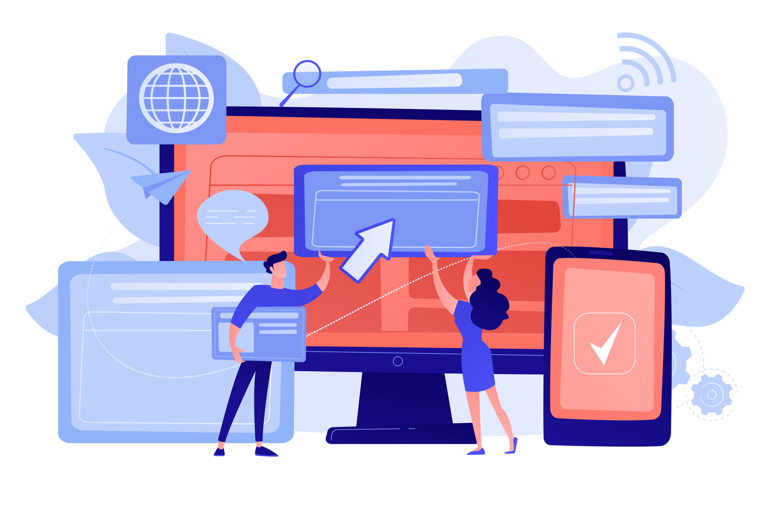 Auto-diagnostic site vitrine 2025 | Maelynn Graph Illustration auto-diagnostic site vitrine : équipe ajustant widgets sur écran et mobile pour tester ergonomie, performance et accessibilité d’un site en 2025.