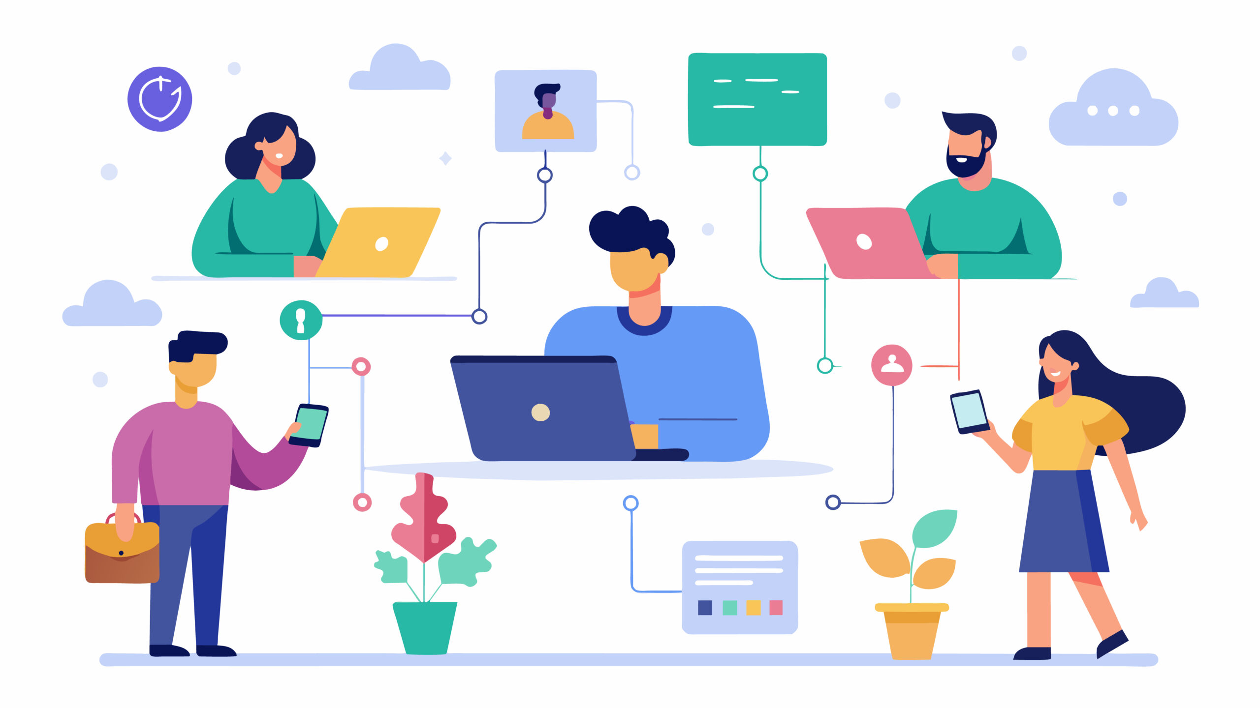 Ressources com’ digitale gratuites | Maelynn Ressources com’ digitale gratuites : équipe connectée sur laptops et mobiles, échangeant templates et checklists Maelynn Graph pour booster la visibilité.