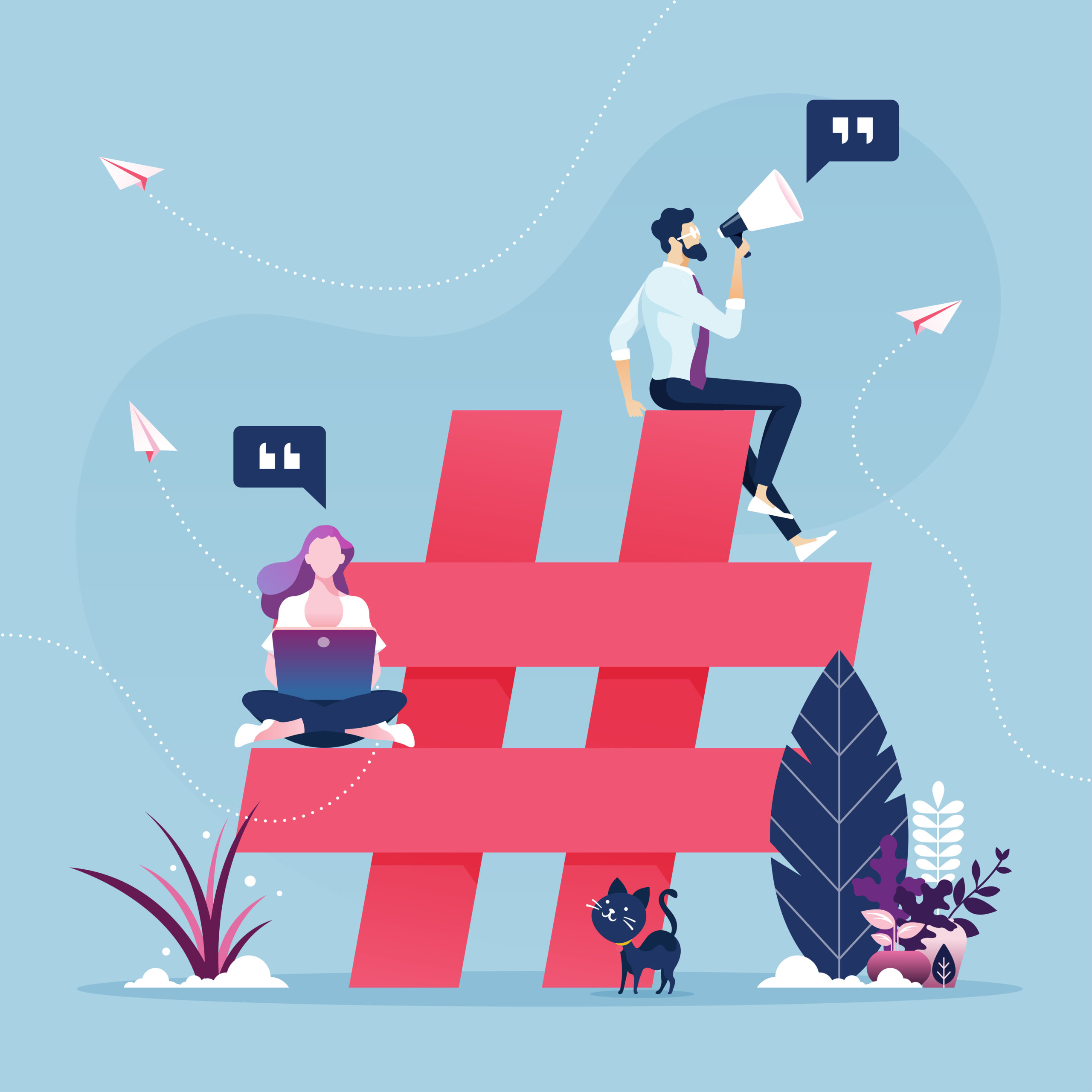 Illustration hashtags réseaux sociaux : créatrice & communicant exploitent un # géant pour booster la portée des contenus et la notoriété de marque.