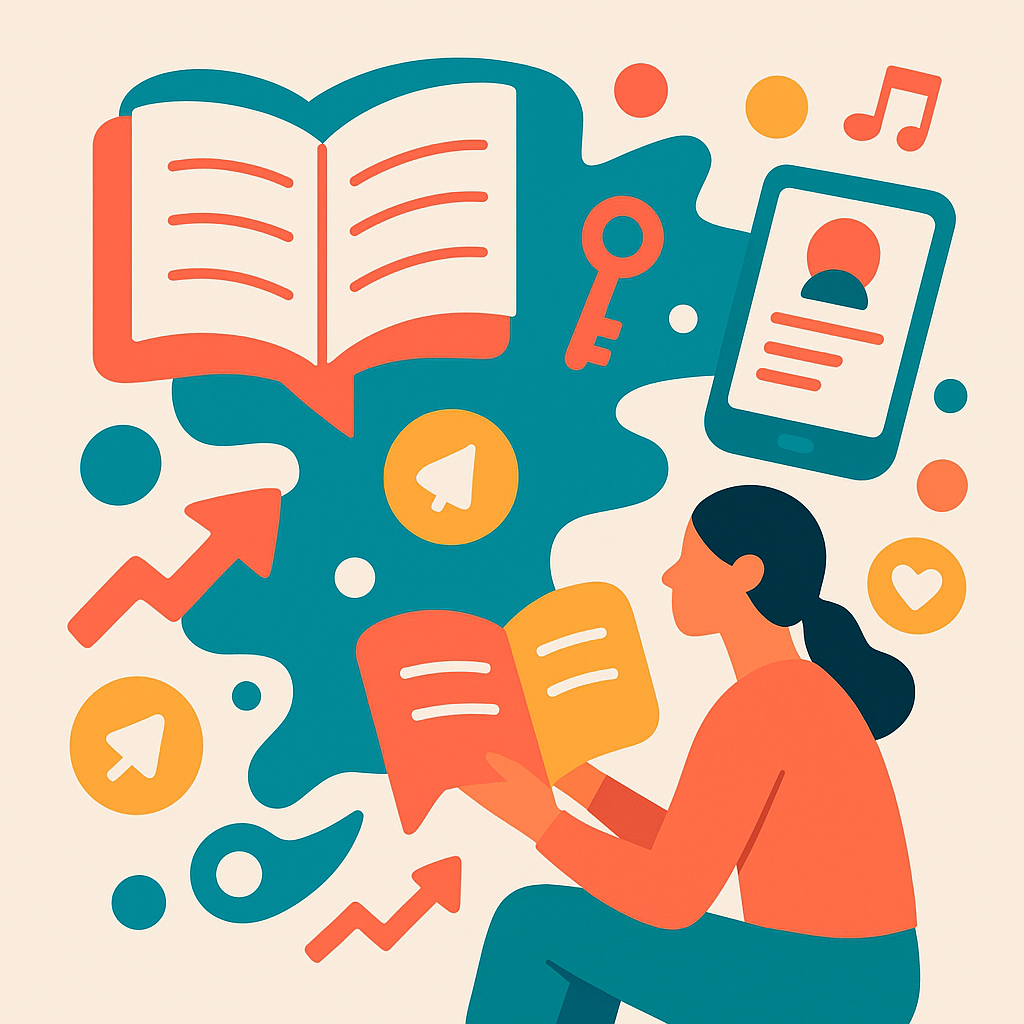 Storytelling 2025 : l’art qui captive et convertit Illustration storytelling 2025 : livre, mobile et icônes digitales révèlent comment un récit percutant dynamise l’engagement, la fidélité et les conversions.