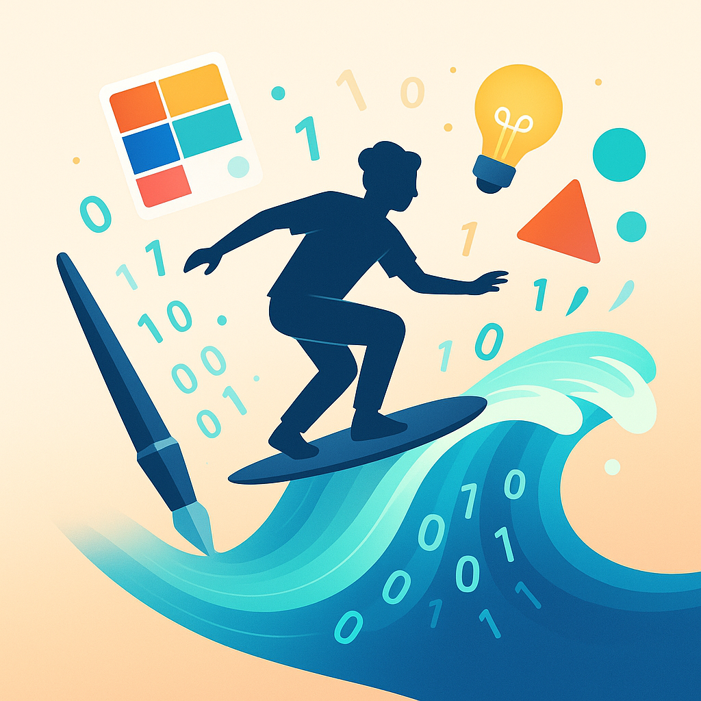 Visuel surfeur vague binaire : l’alliance fun entre créativité graphique et compétences de développement pour booster votre communication digitale.
