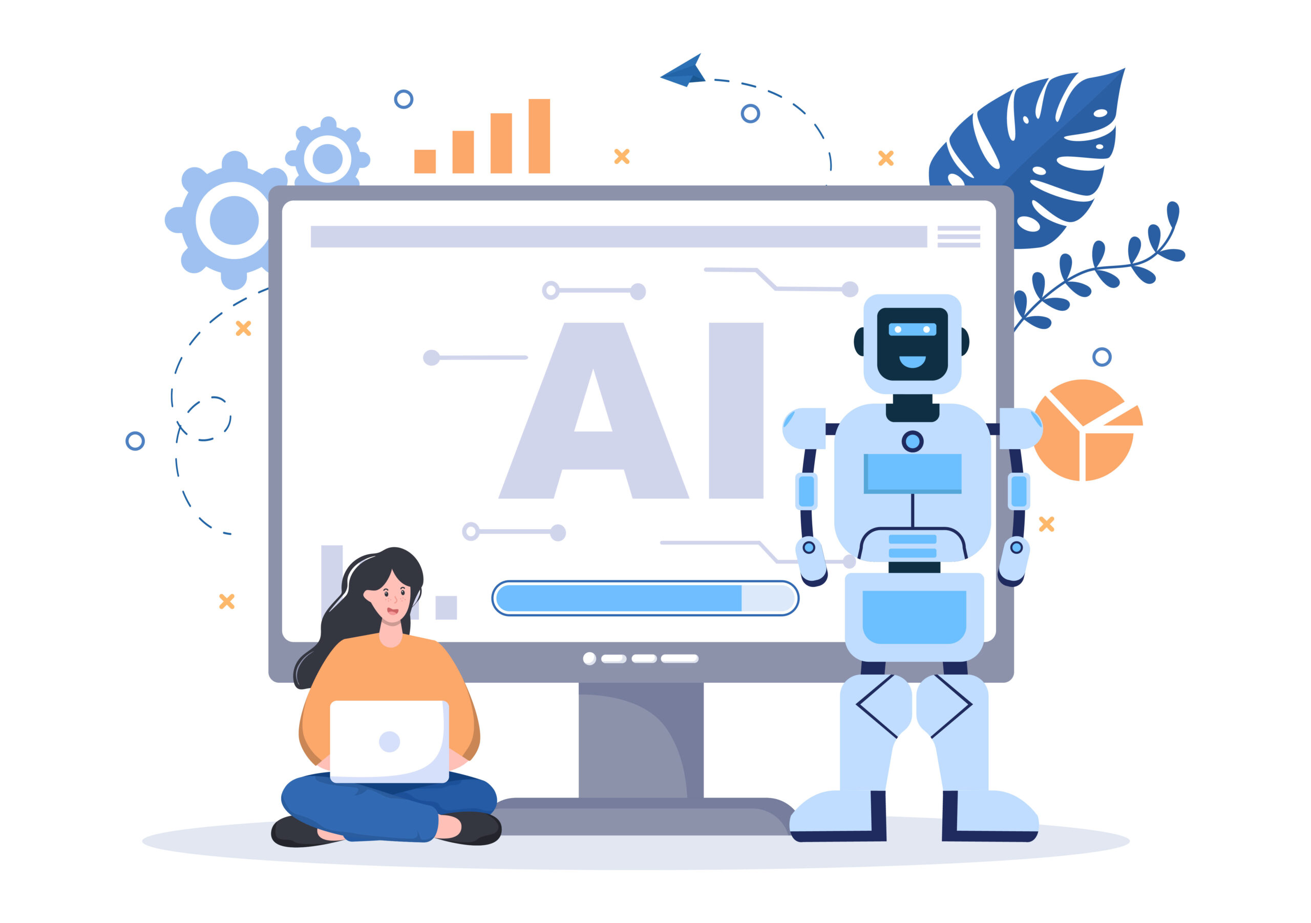 Dialogue & IA créative | Ressources gratuites Maelynn Illustration ressources IA gratuites : créatrice et robot devant écran AI, pour promouvoir templates, prompts et guides téléchargeables Maelynn Graph