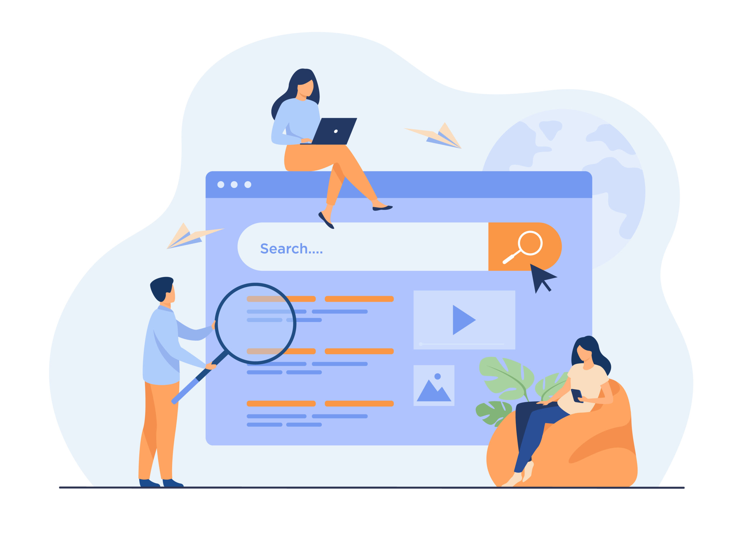 Illustration SEO & SEA : loupe sur résultats organiques et clic sur annonce payante, symbolisant le duo référencement naturel + publicité pour booster le trafic.