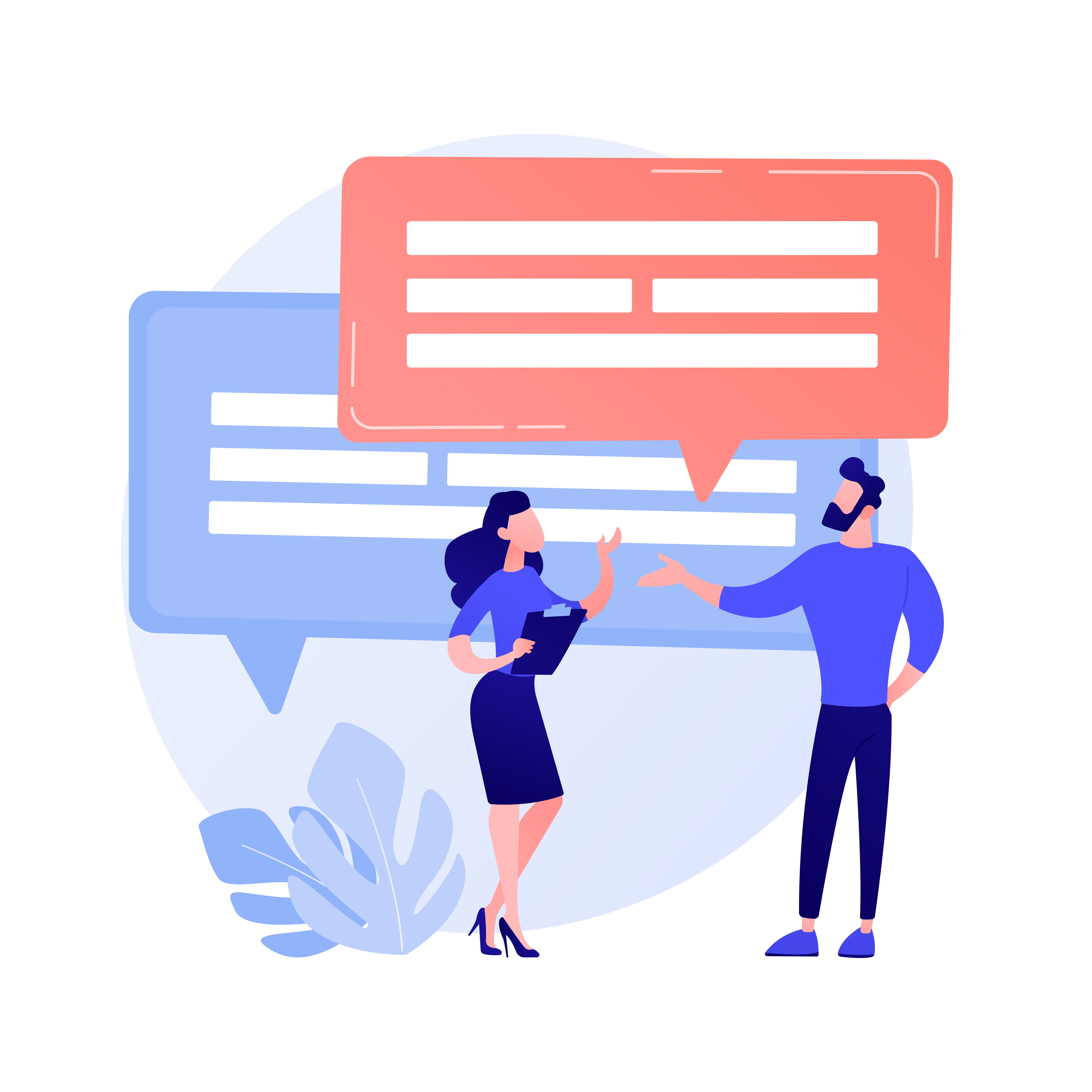 Illustration communication entre pairs : échange dynamique de deux collègues sous bulles de dialogue, rappelant l’importance de parler aussi à son équipe, pas uniquement aux clients.
