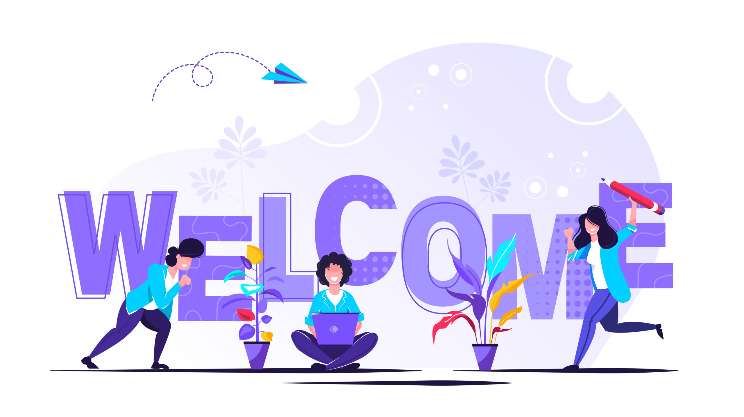 Illustration communication hors ligne : montage d’un lettrage « WELCOME » XXL par une équipe créative, exemple de signalétique physique qui capte l’attention des visiteurs.