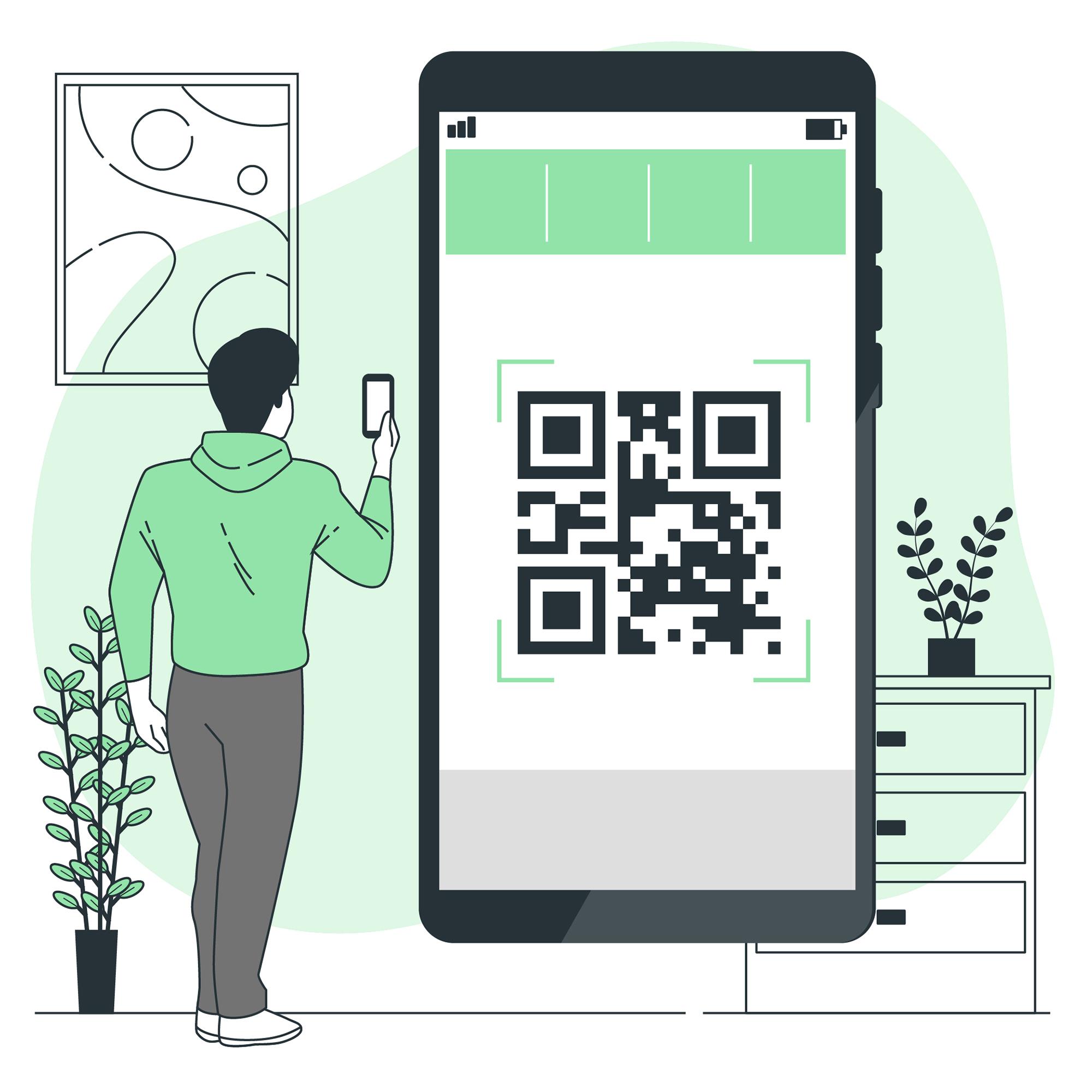 Illustration vectorielle : un homme scanne un QR Code affiché sur un écran géant de smartphone, dans un cadre intérieur avec plantes et décoration. Représentation de l'intégration du QR Code dans la communication moderne, facilitant l’interaction entre supports physiques et numériques.