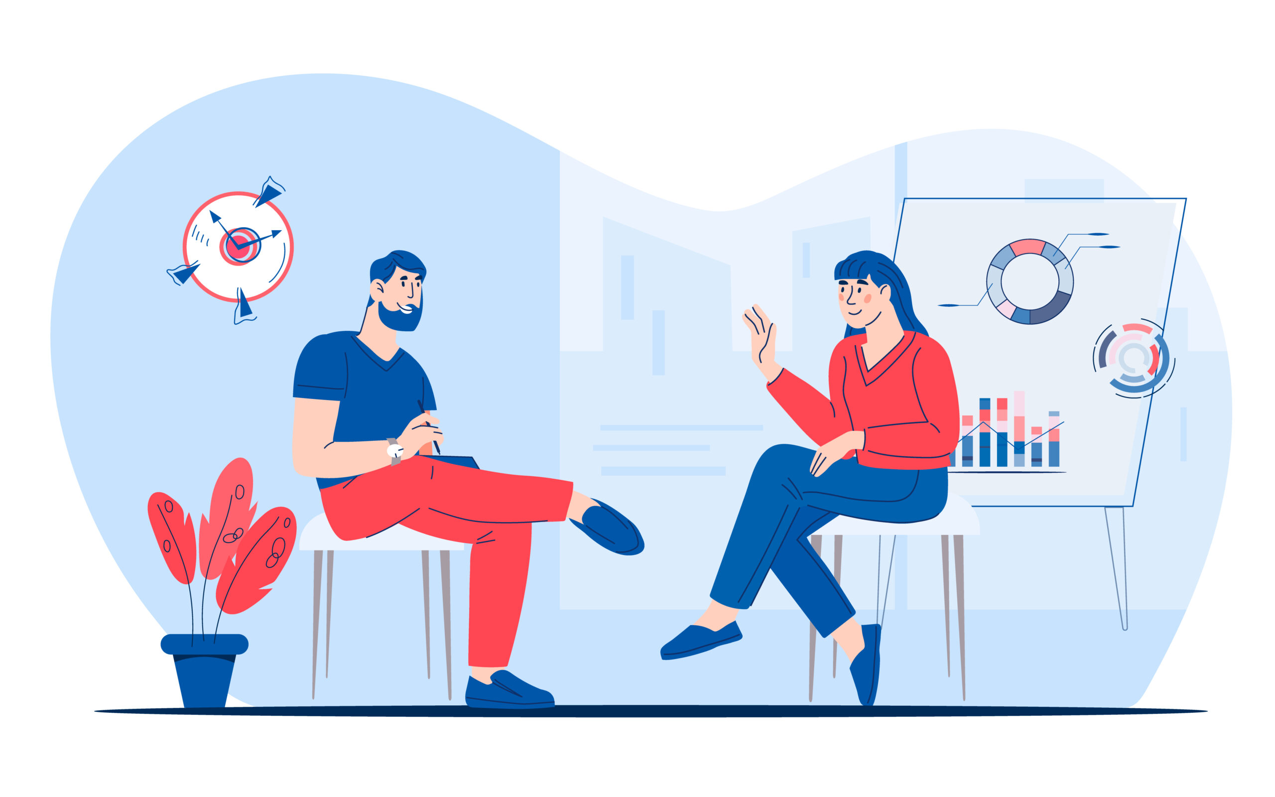 Séance de coaching en communication entre deux personnes, avec des graphiques stratégiques en arrière-plan