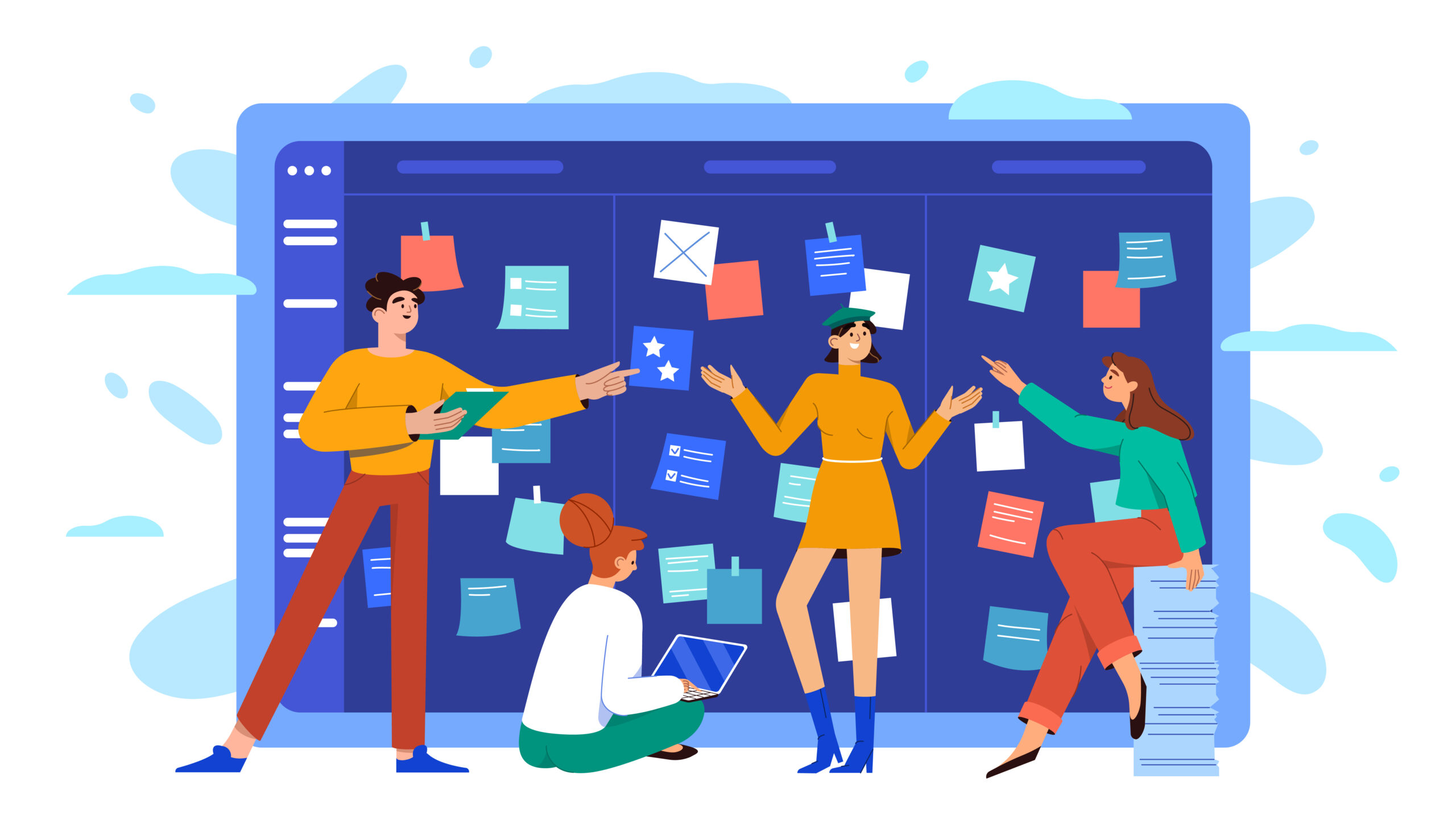 Équipe marketing travaillant sur un tableau de planification éditoriale pour définir un plan de communication