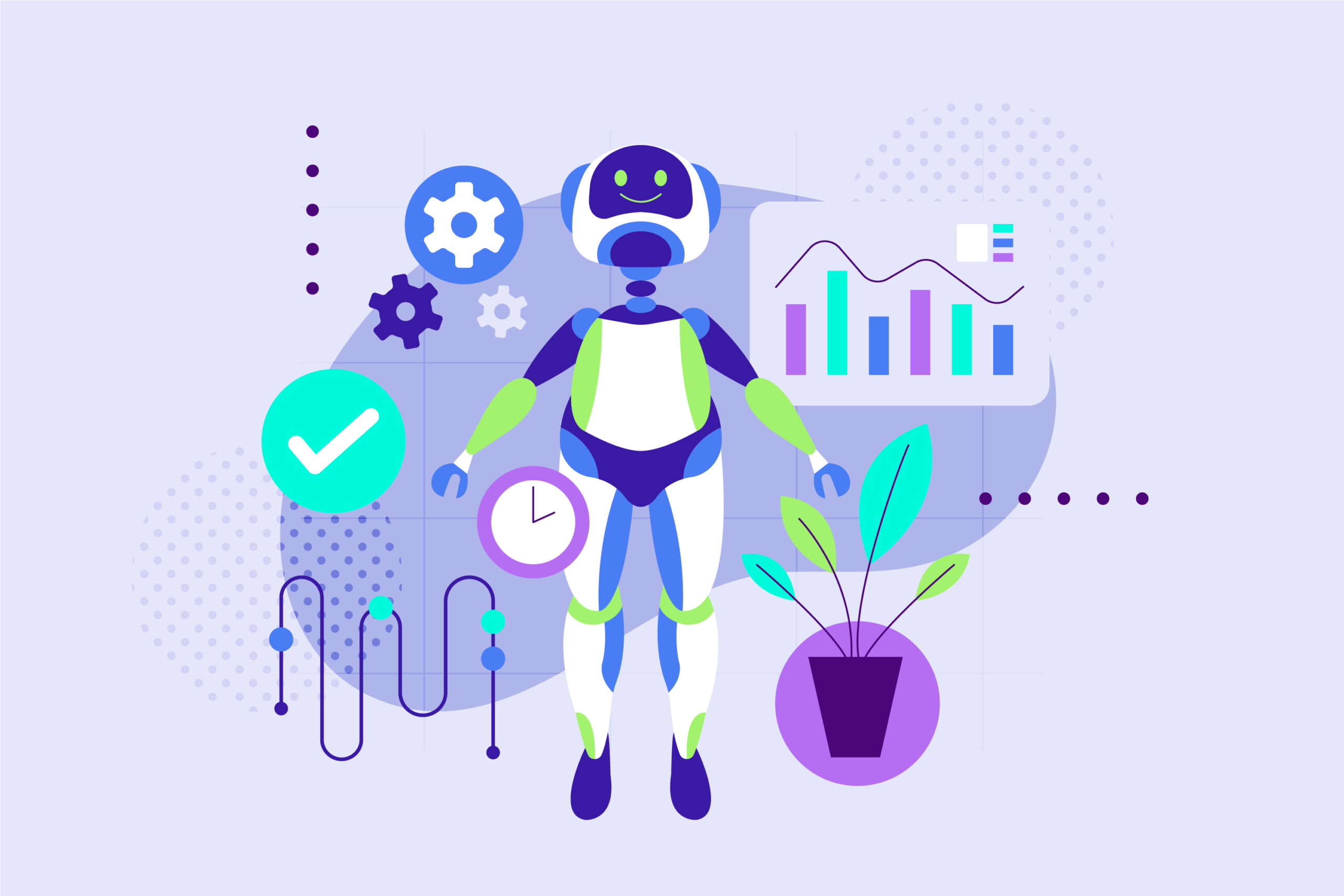 Illustration représentant un robot humanoïde entouré d’icônes de productivité, d’analyse de données et de croissance, symbolisant l’utilisation des outils d’intelligence artificielle en 2025.