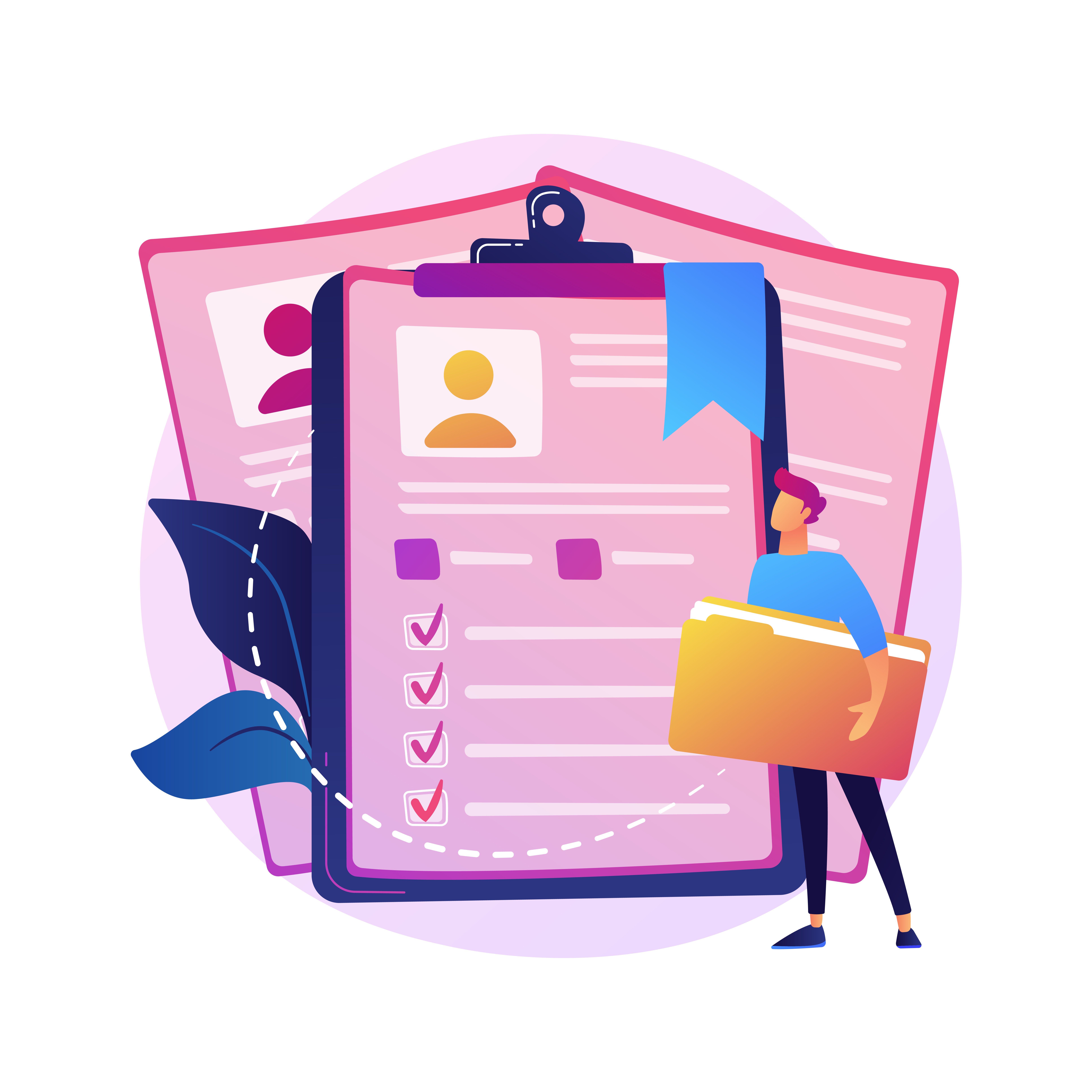 Illustration – CV optimisé pour les ATS llustration d’un candidat tenant un dossier devant un CV numérique avec des cases cochées, symbolisant l’optimisation pour les ATS.